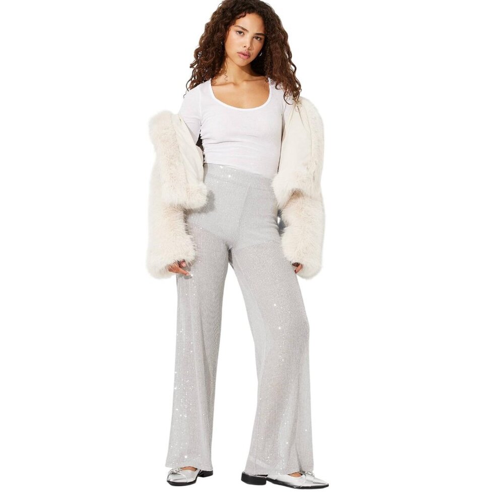 NWT Wild Fable Womens Mid-Rise Wide Leg Holiday Sequin Pants 91904442 Gray S
